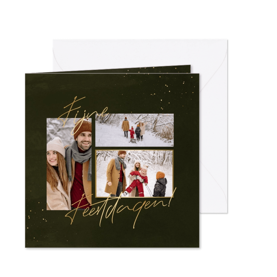 Stijlvolle kerstkaart groen met fotocollage en spetters - Kaartimpressie