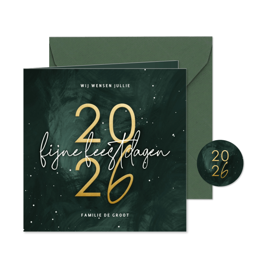 Stijlvolle kerstkaart groene waterverf met goudlook 2026 - Kaartimpressie