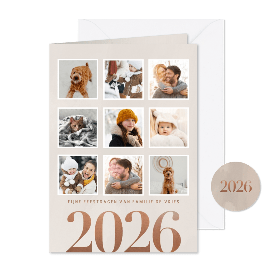 Stijlvolle kerstkaart groot jaartal 2026 en fotocollage - Kaartimpressie