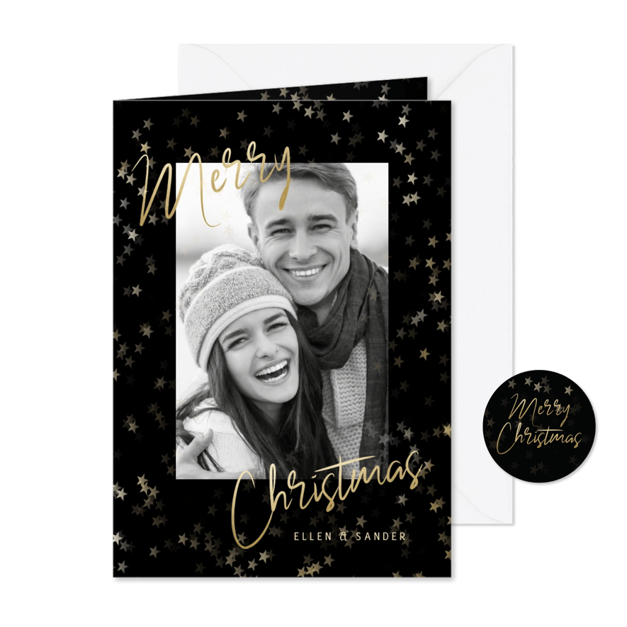 Stijlvolle kerstkaart grote foto, sterren en Merry Christmas - Kaartimpressie