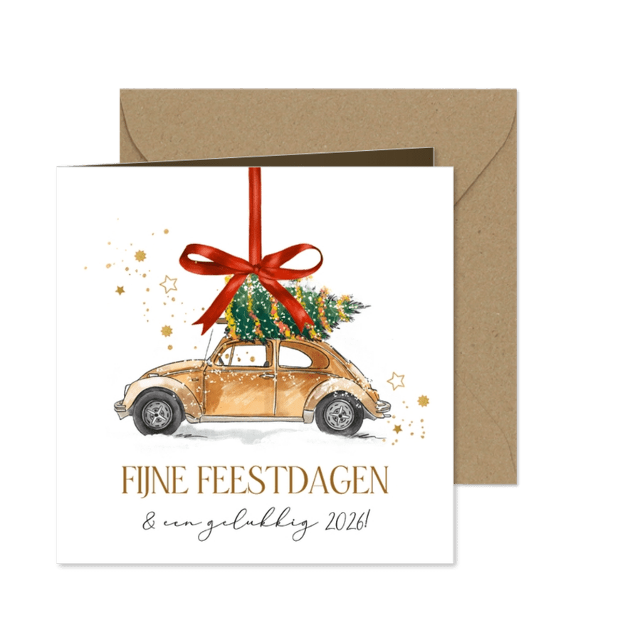 Stijlvolle kerstkaart illustratie verhuizing auto kerstboom - Kaartimpressie