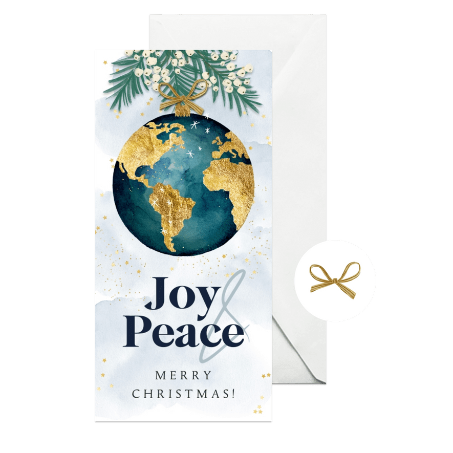 Stijlvolle kerstkaart 'Joy & Peace' wereldbol goud waterverf - Kaartimpressie