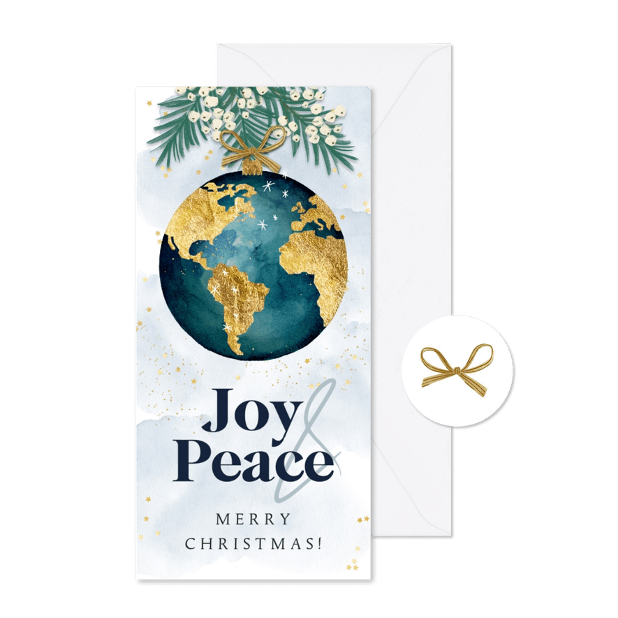 Stijlvolle kerstkaart 'Joy & Peace' wereldbol goud waterverf - Kaartimpressie