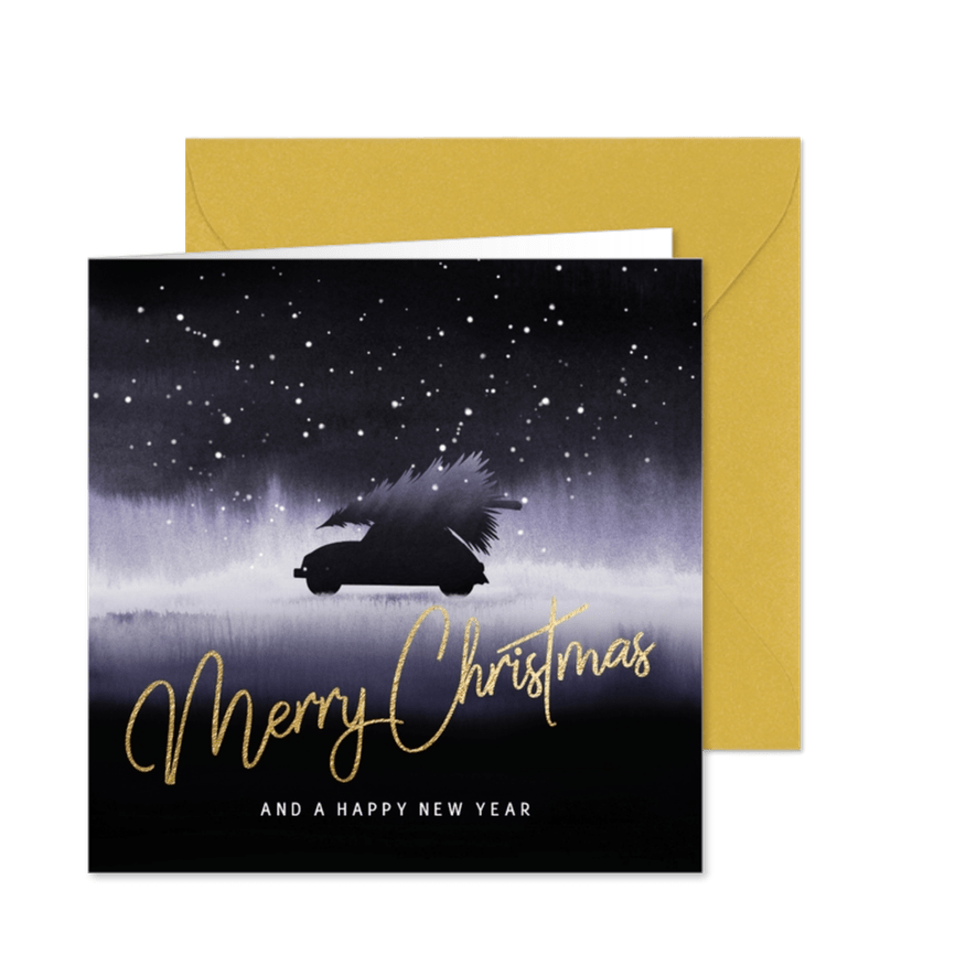 Stijlvolle kerstkaart kerstboom en auto in watercolor - Kaartimpressie