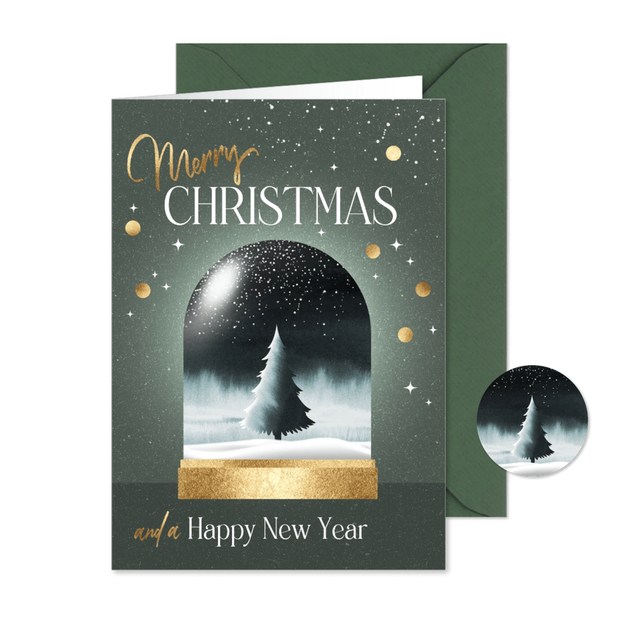 Stijlvolle kerstkaart kerstboom sneeuwbol - Kaartimpressie