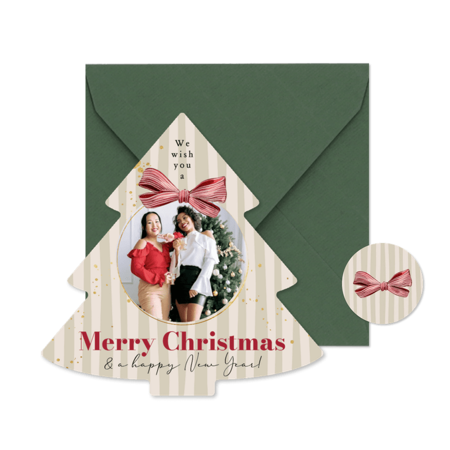 Stijlvolle kerstkaart kerstboom strik watercolor foto streep - Kaartimpressie