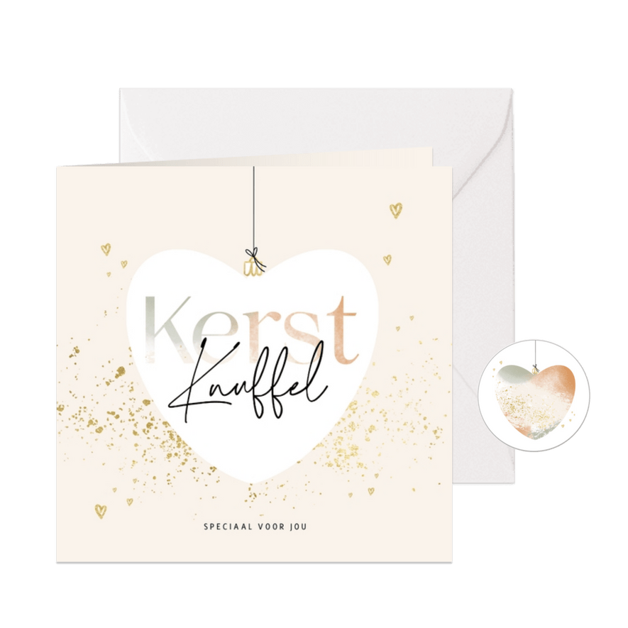 Stijlvolle kerstkaart kerstknuffel kerstbal hart goudlook - Kaartimpressie