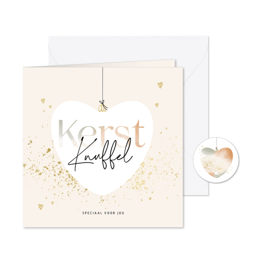 Stijlvolle kerstkaart kerstknuffel kerstbal hart goudlook - Kaartimpressie