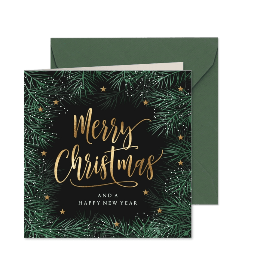 Stijlvolle kerstkaart kersttakken Merry Christmas in goud - Kaartimpressie