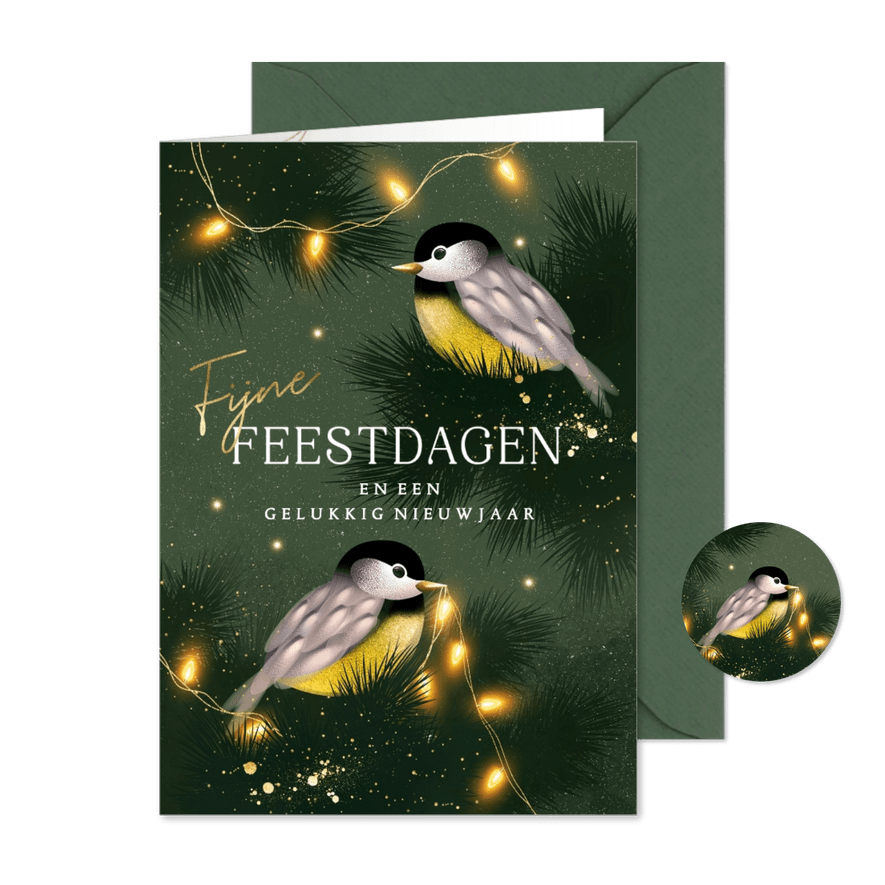 Stijlvolle kerstkaart koolmees in kerstboom - Kaartimpressie