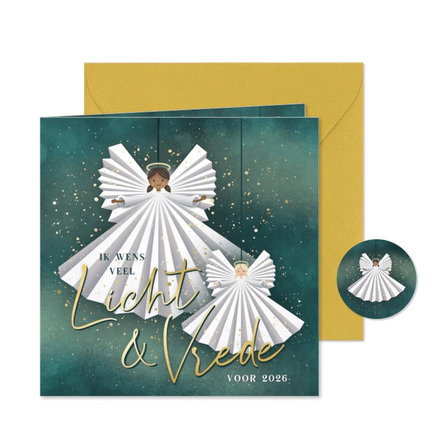 Stijlvolle kerstkaart licht & vrede met 2 lieve engeltjes - Kaartimpressie