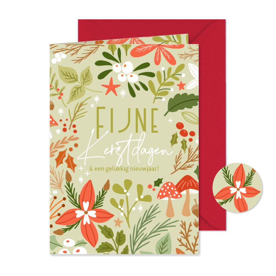 Stijlvolle kerstkaart met bloemen en bladeren - Kaartimpressie