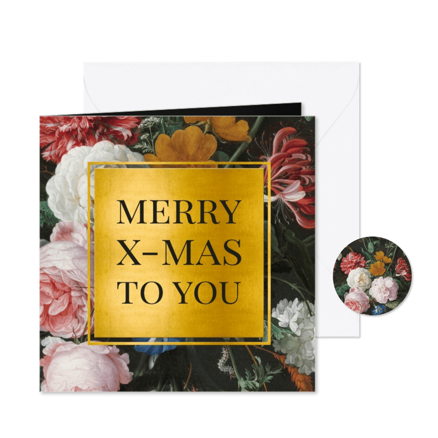 Stijlvolle kerstkaart met bloemen en goud Jan Davidsz  - Kaartimpressie