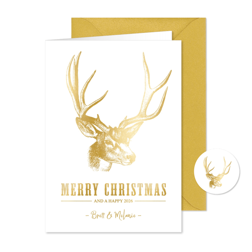 Stijlvolle kerstkaart met een gouden hert illustratie - Kaartimpressie