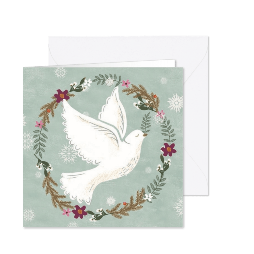 Stijlvolle kerstkaart met een vredesduif en kersttakjes - Kaartimpressie