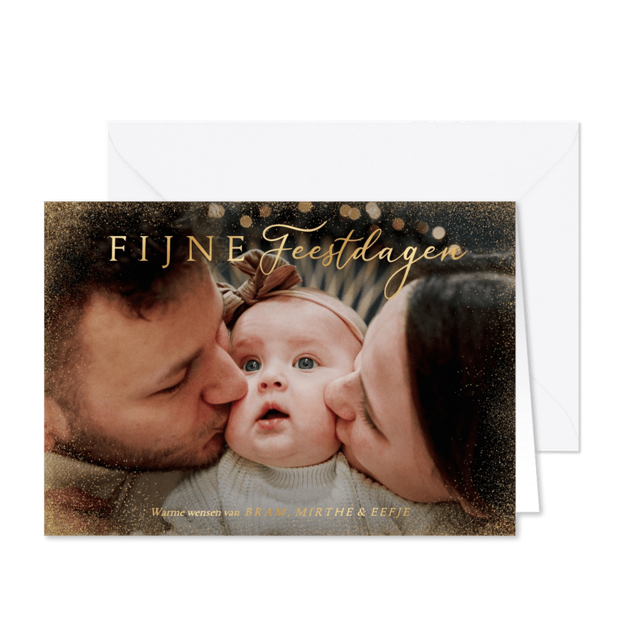 Stijlvolle kerstkaart met eigen foto en gouden details - Kaartimpressie