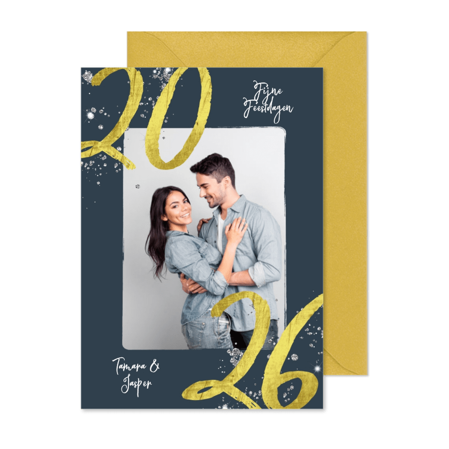Stijlvolle kerstkaart met foto en gouden 2026 - Kaartimpressie