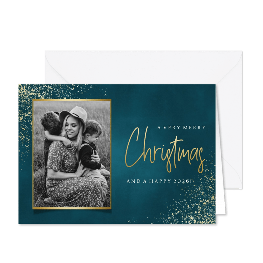 Stijlvolle kerstkaart met foto, gouden sneeuw en typografie - Kaartimpressie