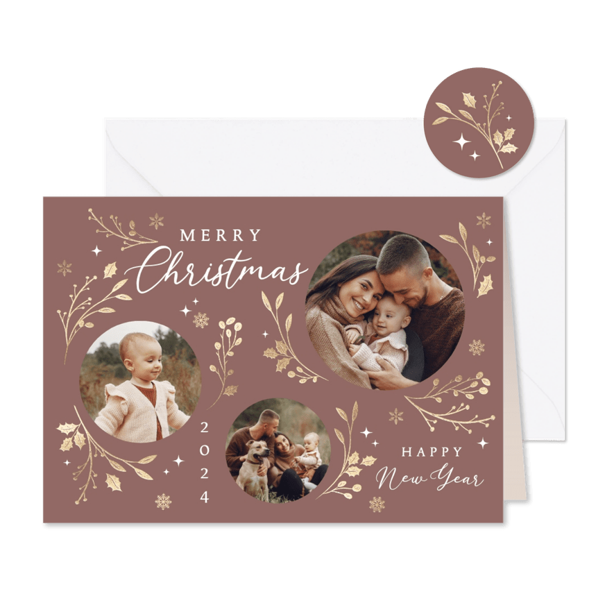 Stijlvolle kerstkaart met foto kersttakjes - Kaartimpressie