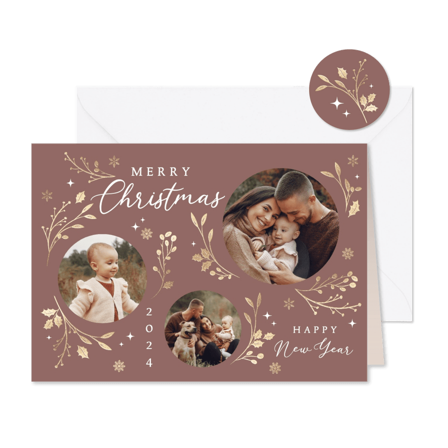 Stijlvolle kerstkaart met foto kersttakjes - Kaartimpressie