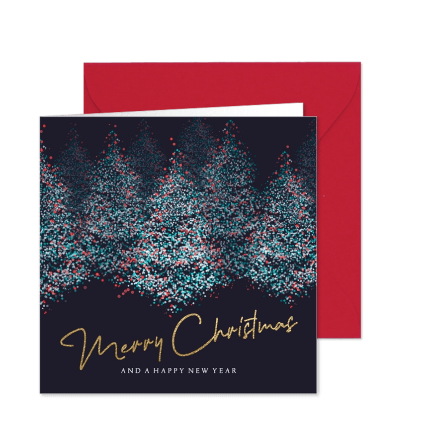 Stijlvolle kerstkaart met glitter kerstbomen - Kaartimpressie
