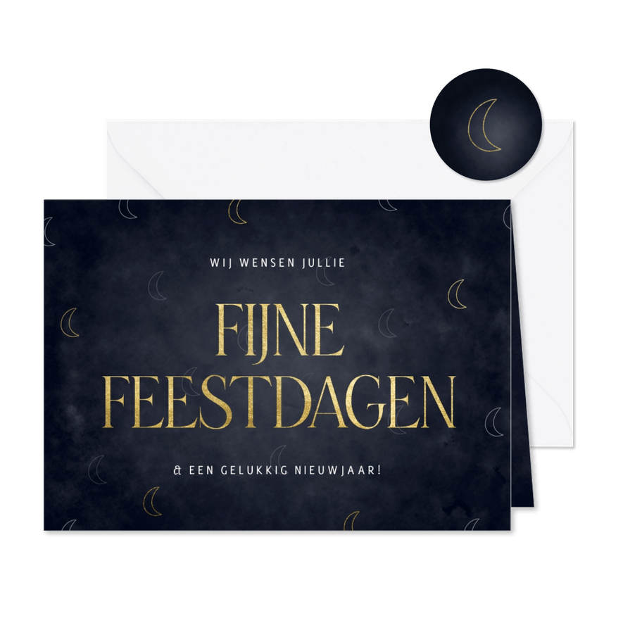 Stijlvolle kerstkaart met gouden maantjes - Kaartimpressie