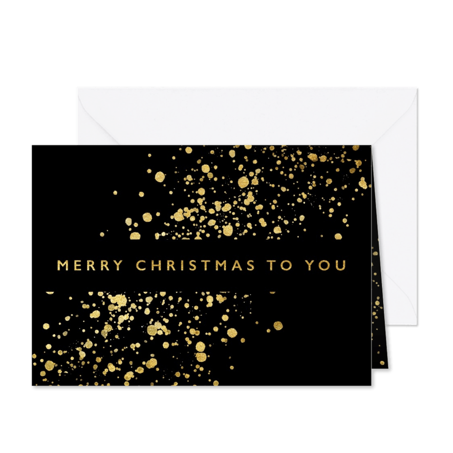 Stijlvolle kerstkaart met gouden spetters en typografie - Kaartimpressie