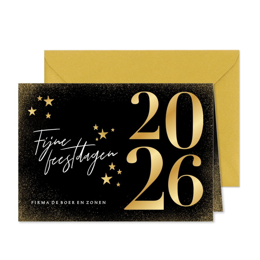 Stijlvolle kerstkaart met goudenfolie 2026 en sterren  - Kaartimpressie
