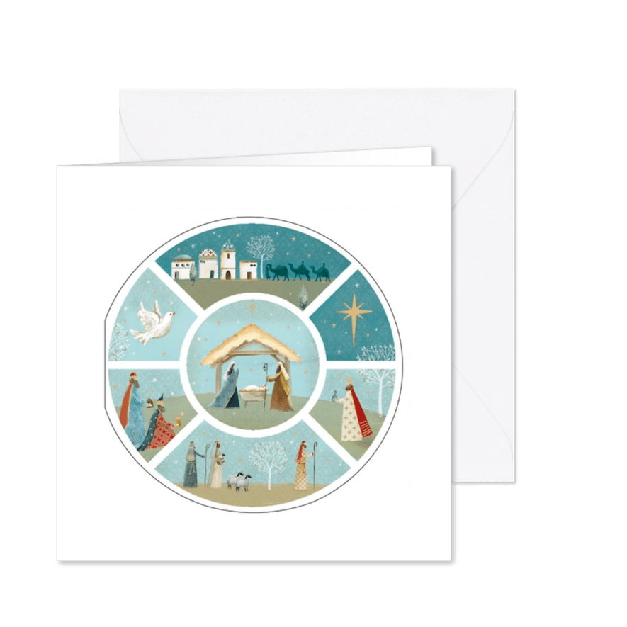 Stijlvolle kerstkaart met het Kerstverhaal ;rond - Kaartimpressie