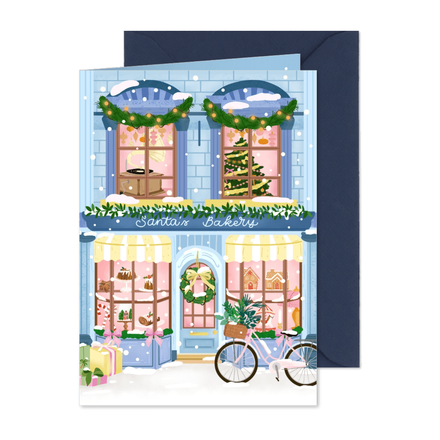 Stijlvolle kerstkaart met illustratie van een huisje - Kaartimpressie