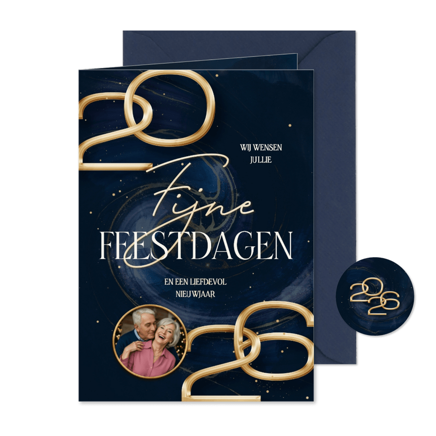 Stijlvolle kerstkaart met marmer swirl en groot jaartal - Kaartimpressie