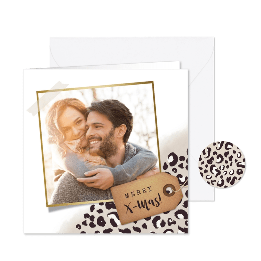 Stijlvolle kerstkaart met panterprint, label en eigen foto - Kaartimpressie
