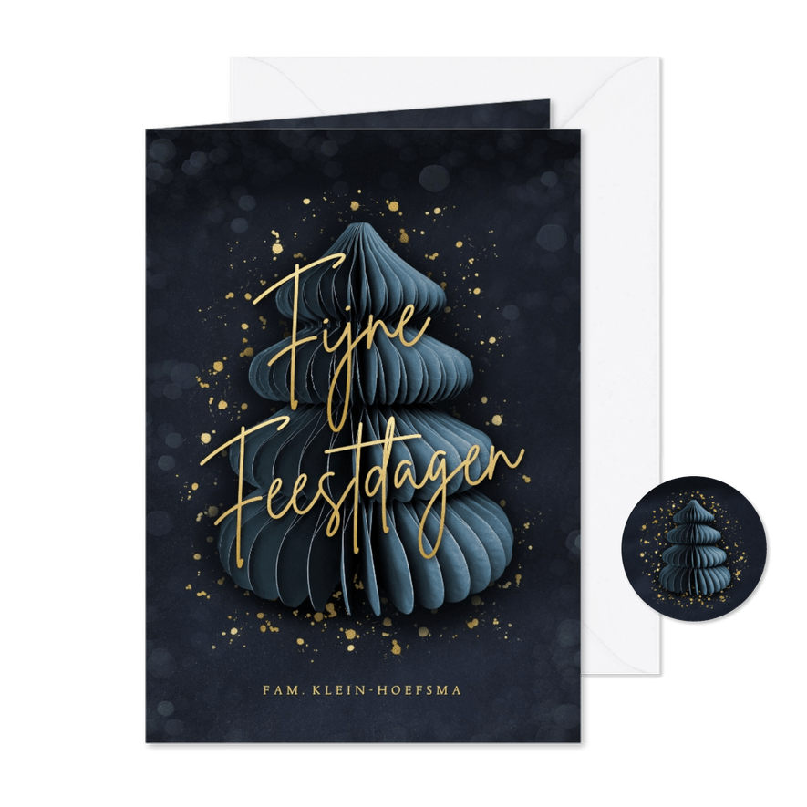 Stijlvolle kerstkaart met papieren kerstboom en goud - Kaartimpressie