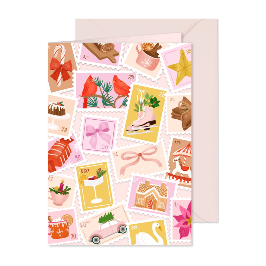 Stijlvolle kerstkaart met postzegels - Kaartimpressie