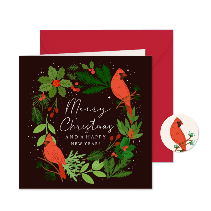 Stijlvolle kerstkaart met rode vogels - Kaartimpressie