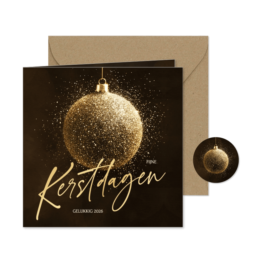 Stijlvolle kerstkaart met sprankelende kerstbal van glitters - Kaartimpressie