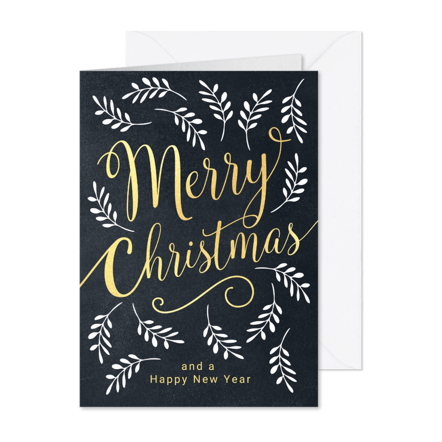 Stijlvolle kerstkaart met typografie en kersttakjes - Kaartimpressie