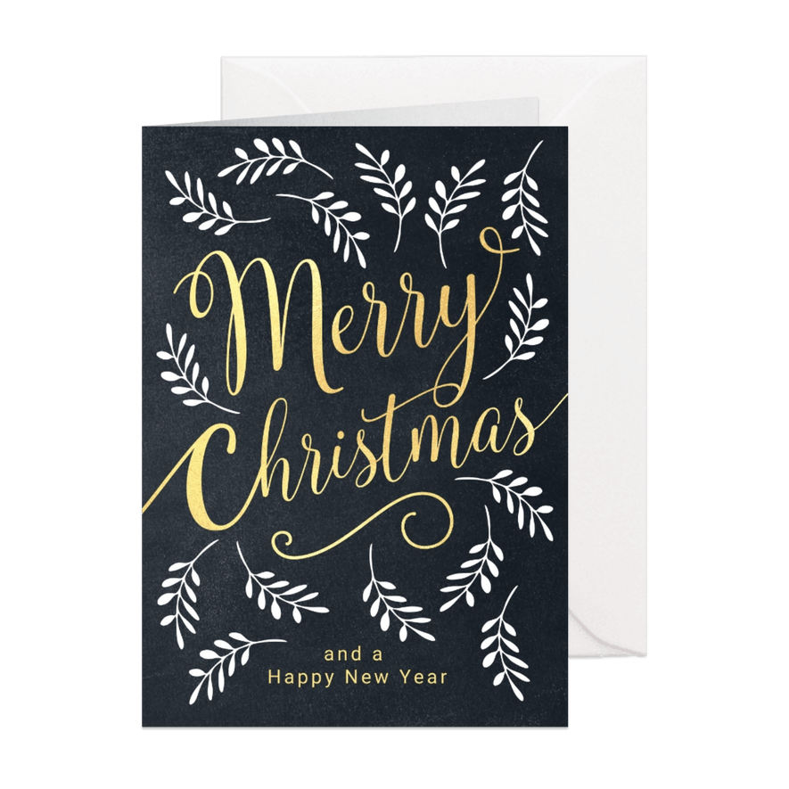 Stijlvolle kerstkaart met typografie en kersttakjes - Kaartimpressie