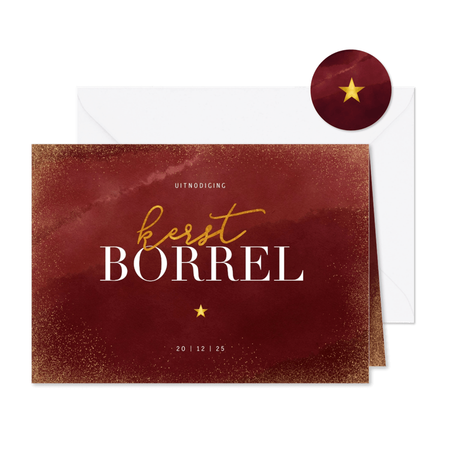 Stijlvolle kerstkaart met uitnodiging kerstborrel goudlook - Kaartimpressie