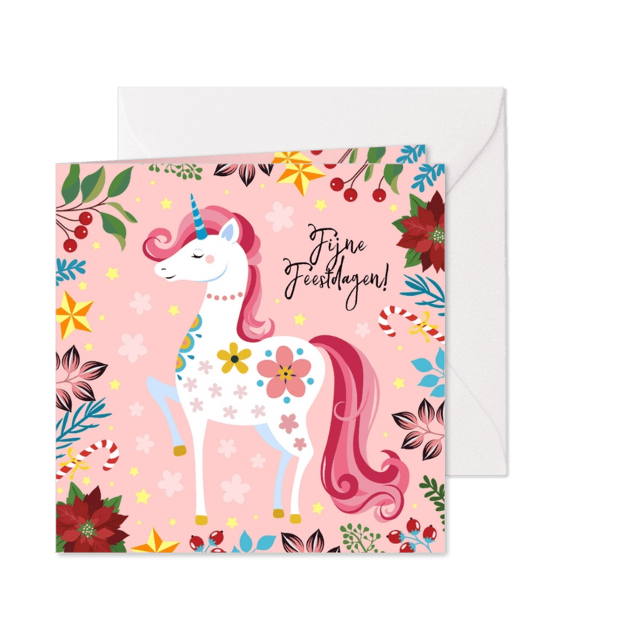 Stijlvolle kerstkaart met unicorn, bloemen en sterren - Kaartimpressie