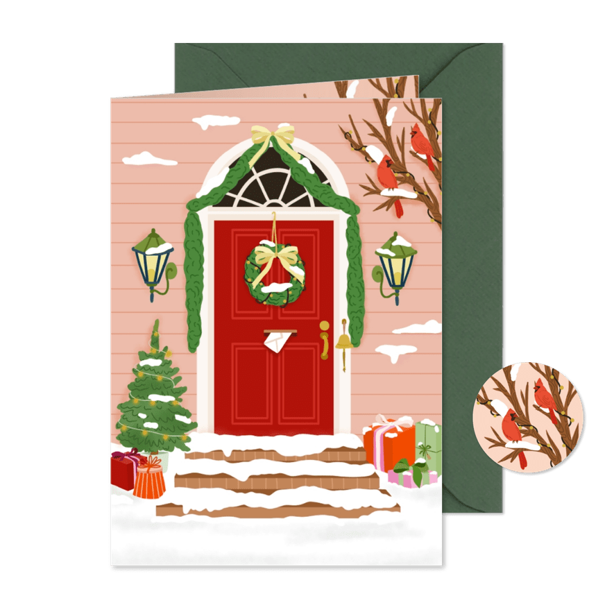 Stijlvolle kerstkaart met versierde voordeur - Kaartimpressie