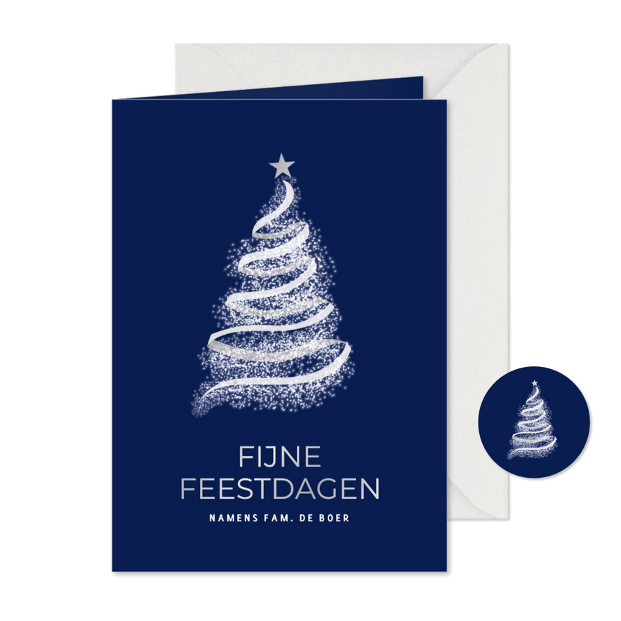  Stijlvolle kerstkaart met witte boom zilver foliedruk - Kaartimpressie