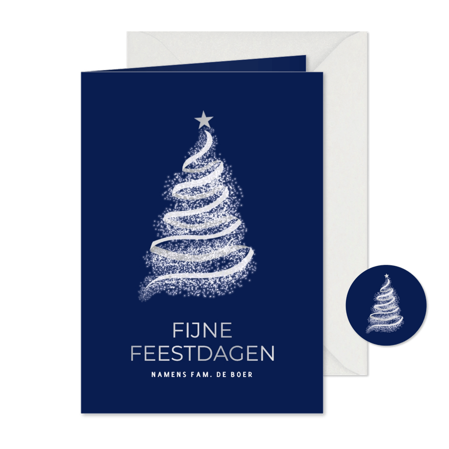 Stijlvolle kerstkaart met witte boom zilver foliedruk - Kaartimpressie