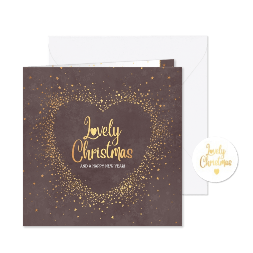 Stijlvolle kerstkaart oud roze met gouden sterren en hartjes - Kaartimpressie