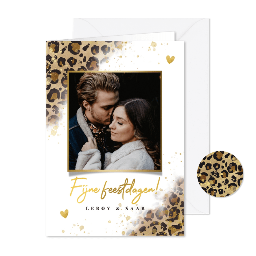 Stijlvolle kerstkaart panterprint, foto en fijne feestdagen - Kaartimpressie