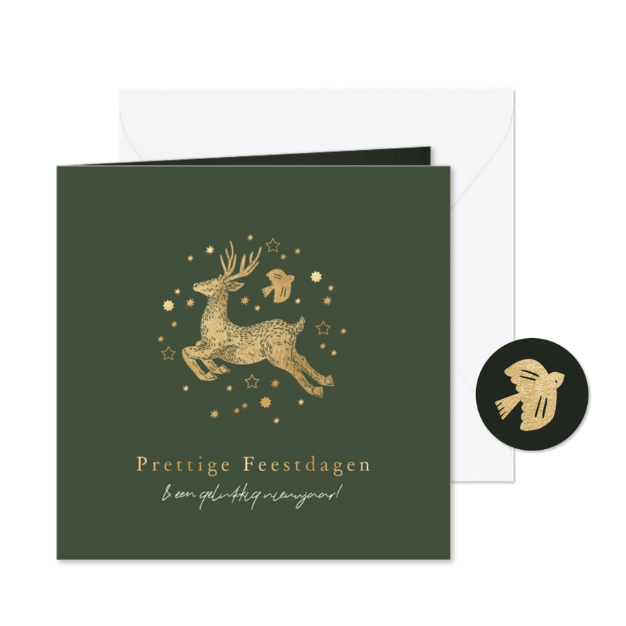 Stijlvolle kerstkaart rendier vogel sterren goudfolie - Kaartimpressie