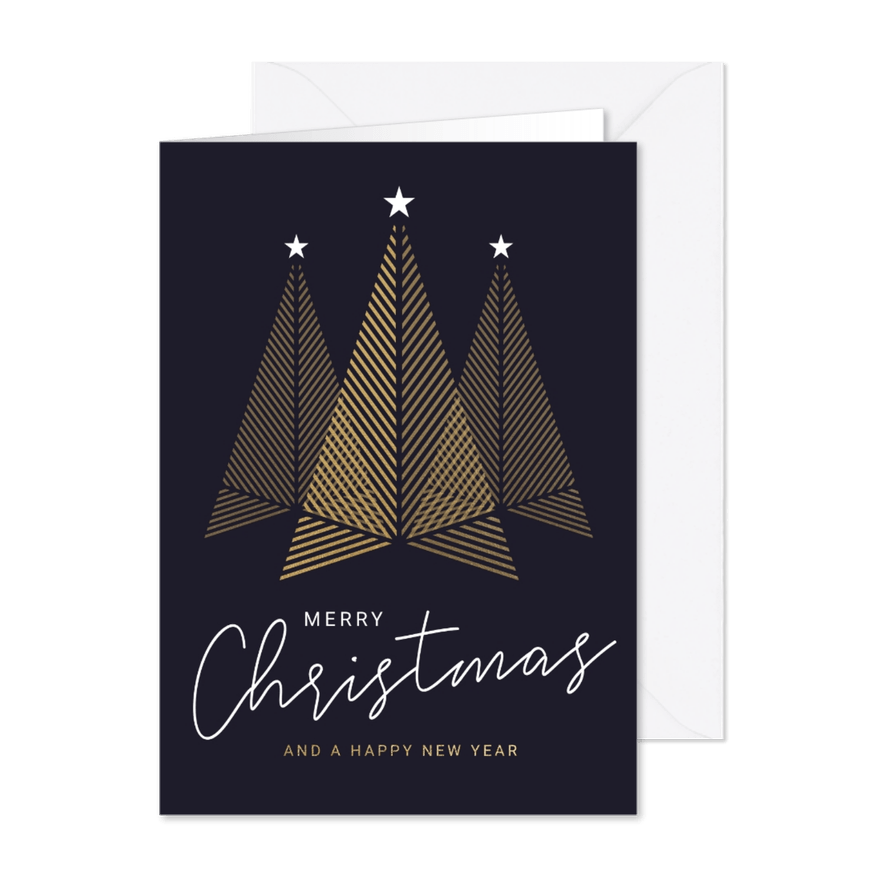 Stijlvolle kerstkaart retro kerstbomen met sterren - Kaartimpressie