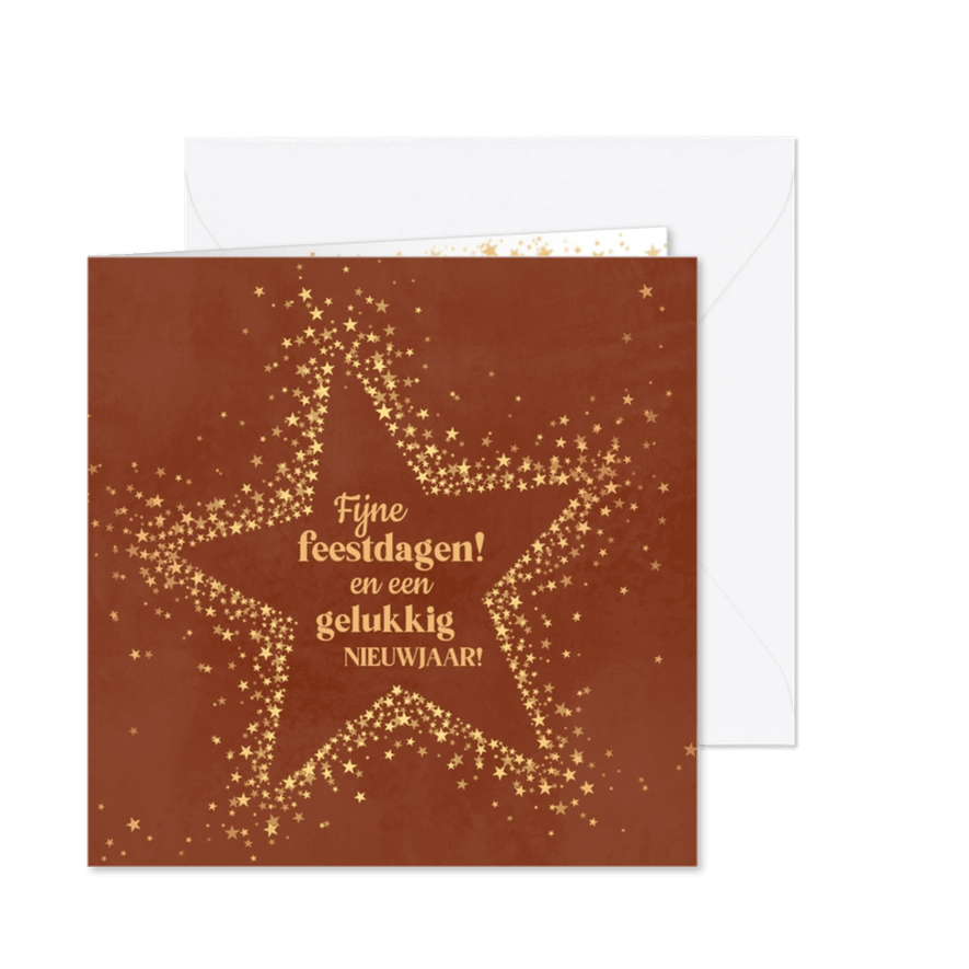 Stijlvolle kerstkaart roestbruin met sprankelende sterren - Kaartimpressie
