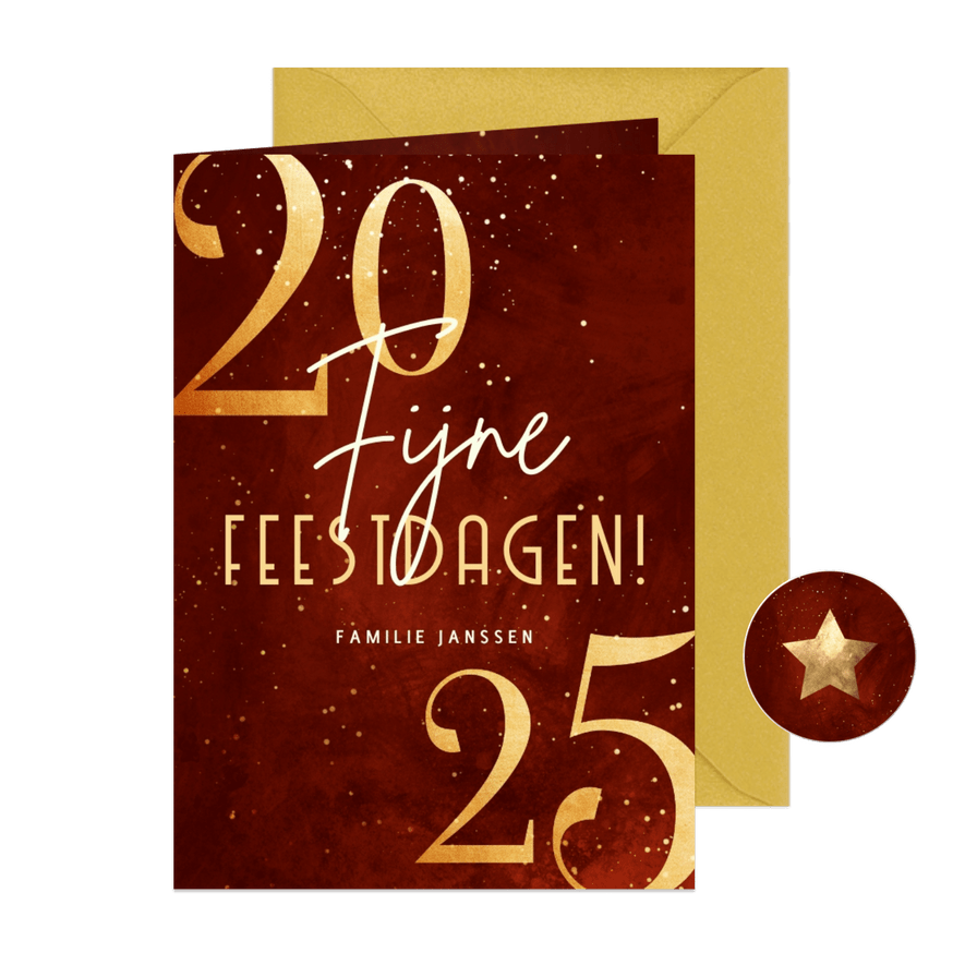 Stijlvolle kerstkaart rood 2025 goudlook met sparkles - Kaartimpressie