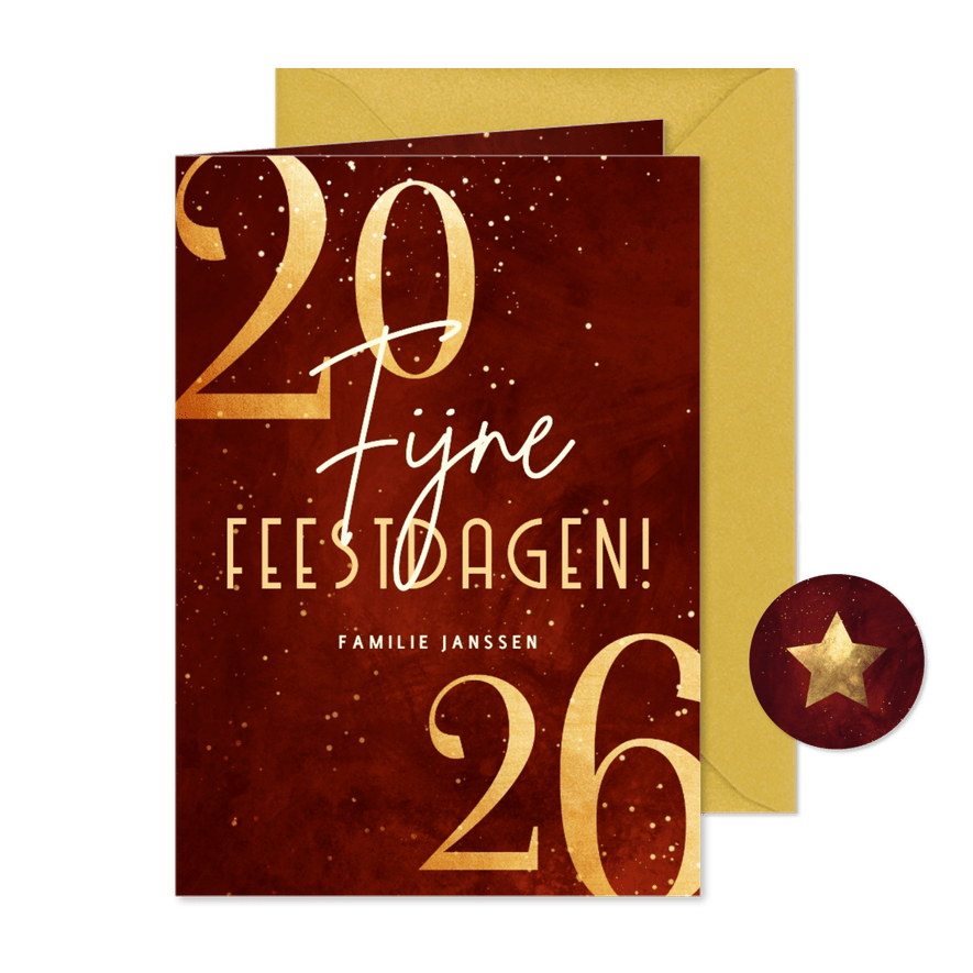 Stijlvolle kerstkaart rood 2026 goudlook met sparkles - Kaartimpressie